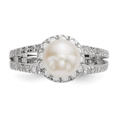 Sterlingsilber Rhodiniert 7 8mm Weiß Knopf Süßwasser Zuchtperle und Zirkonia Ring