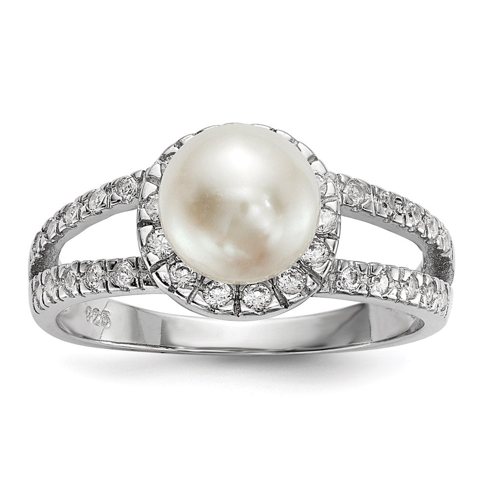 Sterlingsilber Rhodiniert 7 8mm Weiß Knopf Süßwasser Zuchtperle und Zirkonia Ring