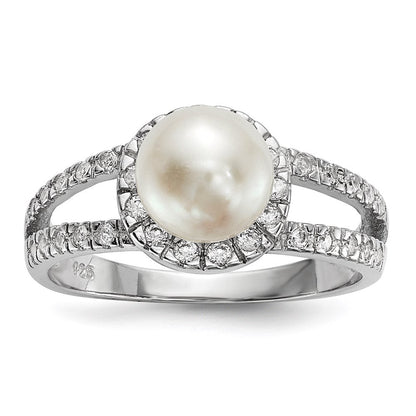 Sterlingsilber Rhodiniert 7 8mm Weiß Knopf Süßwasser Zuchtperle und Zirkonia Ring