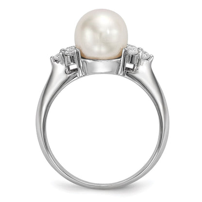 Sterlingsilber Rhodiniert 8 9mm Weiß Knopf Süßwasser Zuchtperle und Zirkonia Ring