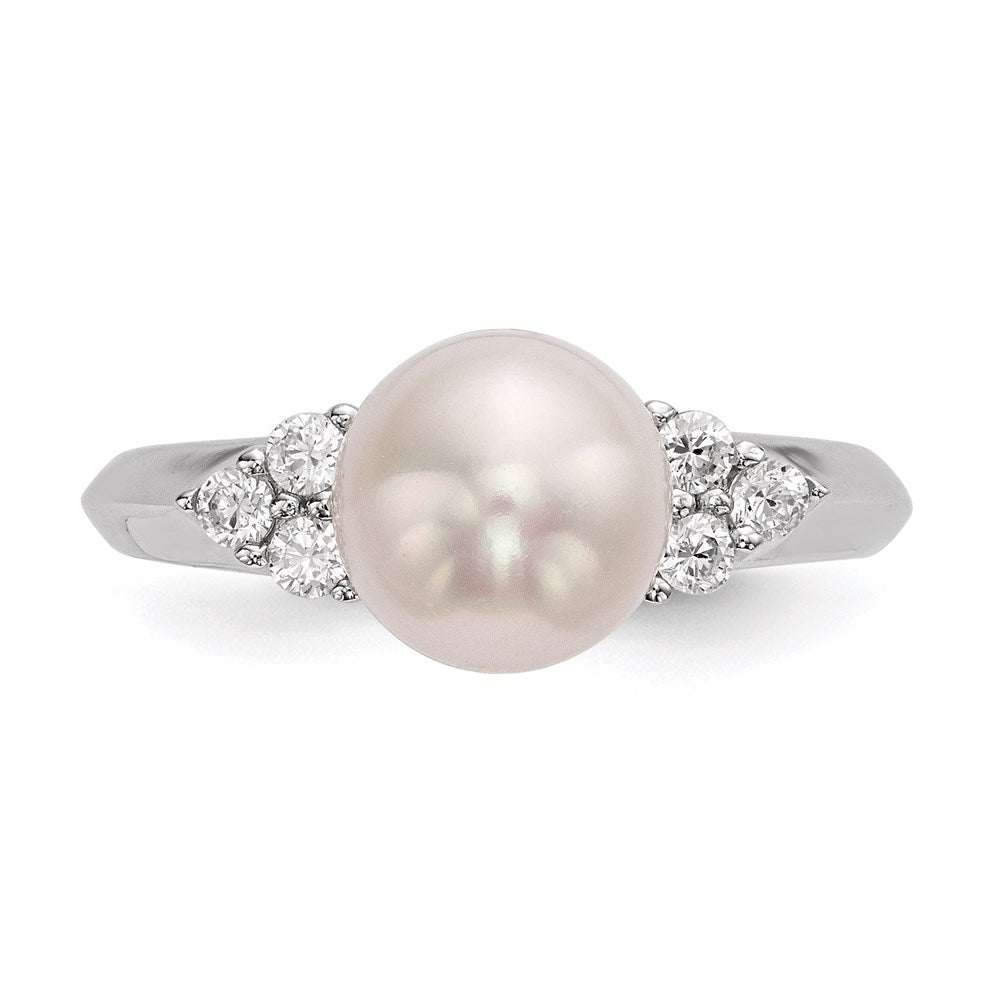 Sterlingsilber Rhodiniert 8 9mm Weiß Knopf Süßwasser Zuchtperle und Zirkonia Ring
