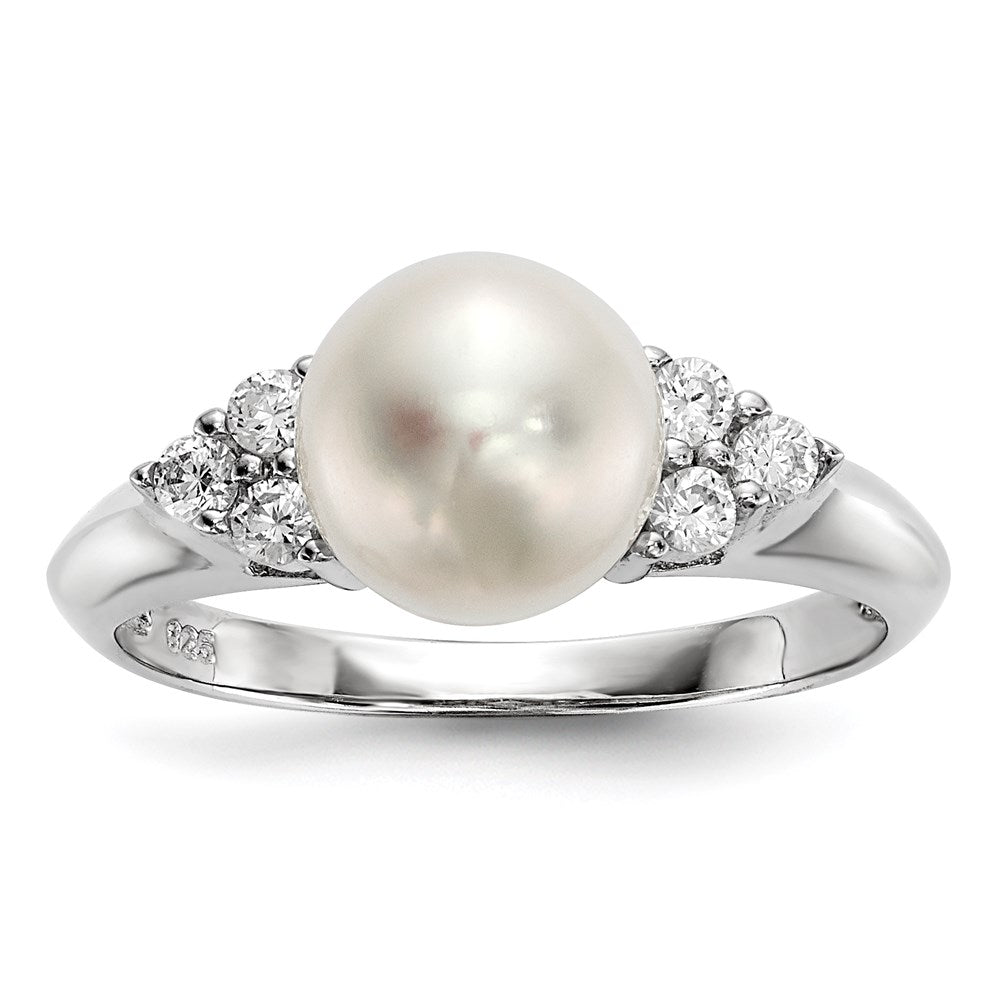 Sterlingsilber Rhodiniert 8 9mm Weiß Knopf Süßwasser Zuchtperle und Zirkonia Ring