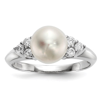 Sterlingsilber Rhodiniert 8 9mm Weiß Knopf Süßwasser Zuchtperle und Zirkonia Ring
