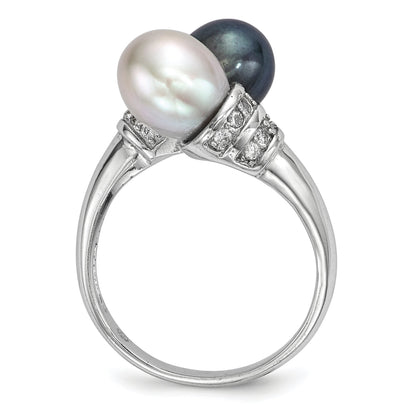 Sterlingsilber Rhodiniert 7 8mm Schwarz und Grau Rice Süßwasser Zuchtperle Zirkonia Ring