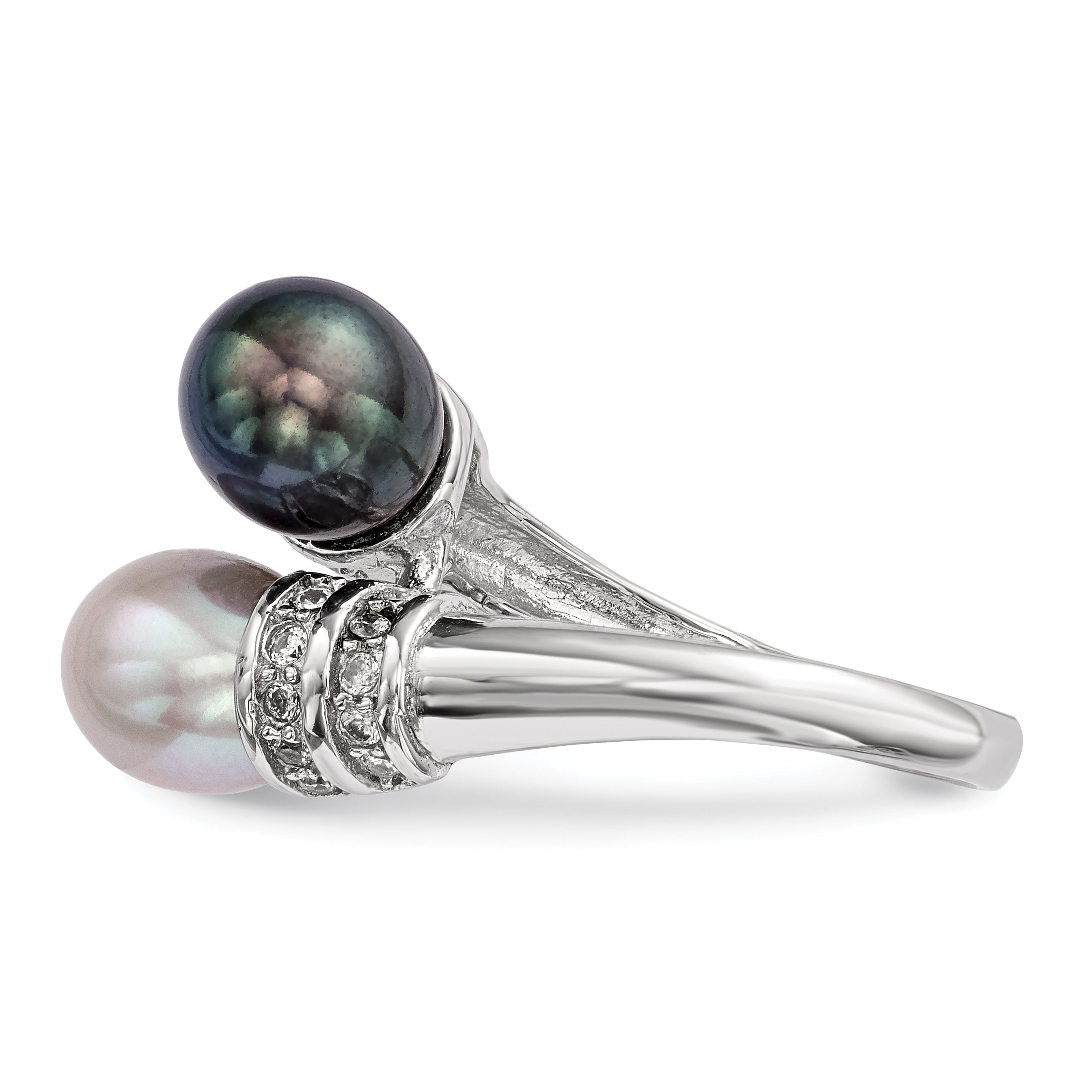 Sterlingsilber Rhodiniert 7 8mm Schwarz und Grau Rice Süßwasser Zuchtperle Zirkonia Ring