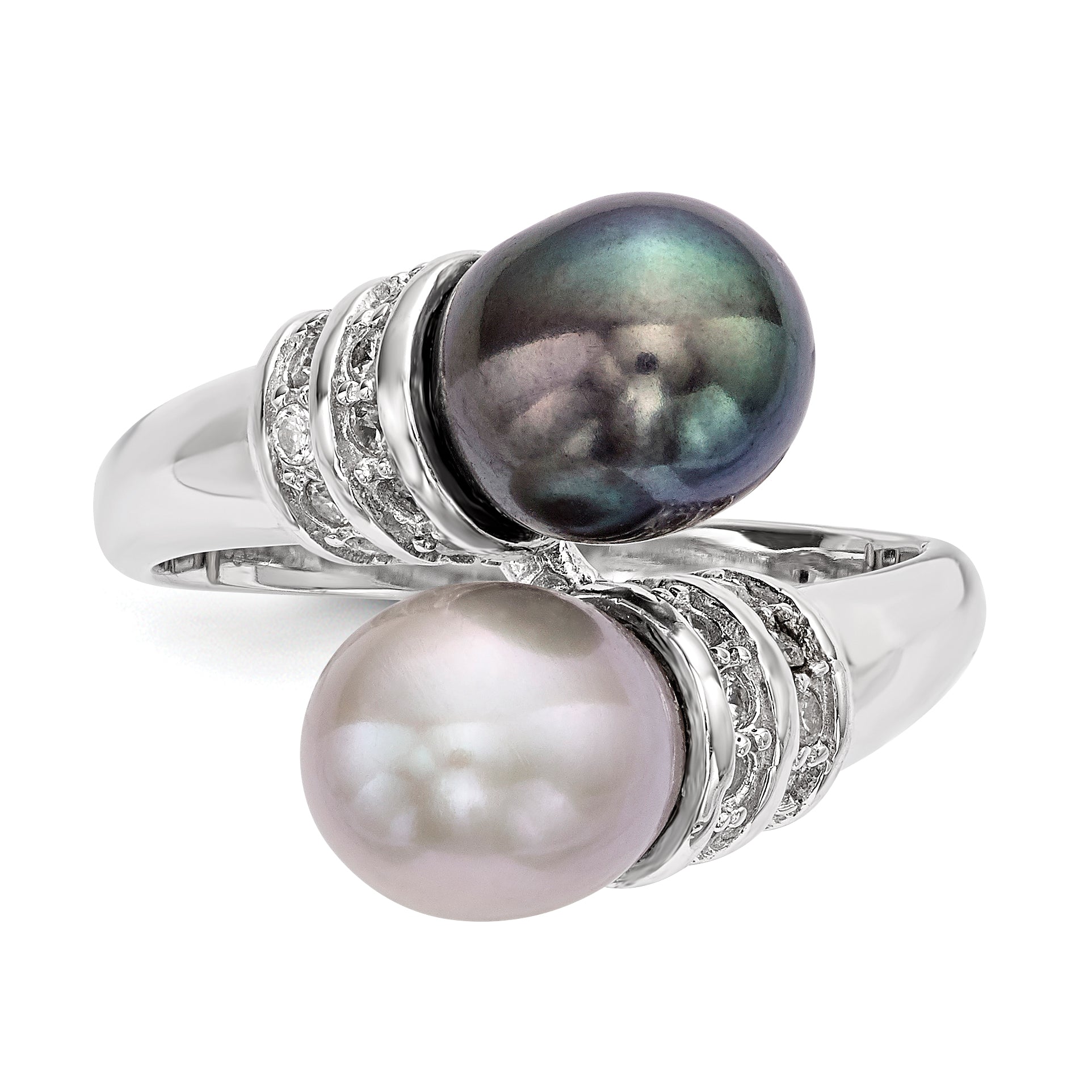 Sterlingsilber Rhodiniert 7 8mm Schwarz und Grau Rice Süßwasser Zuchtperle Zirkonia Ring
