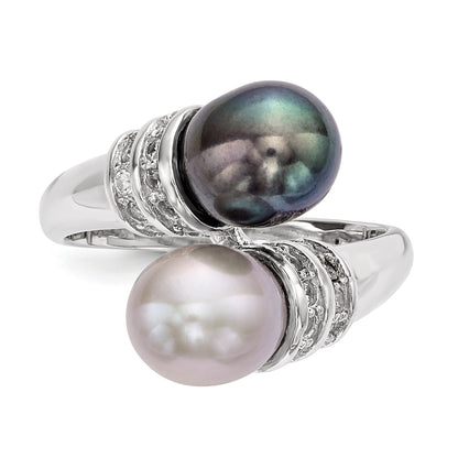 Sterlingsilber Rhodiniert 7 8mm Schwarz und Grau Rice Süßwasser Zuchtperle Zirkonia Ring