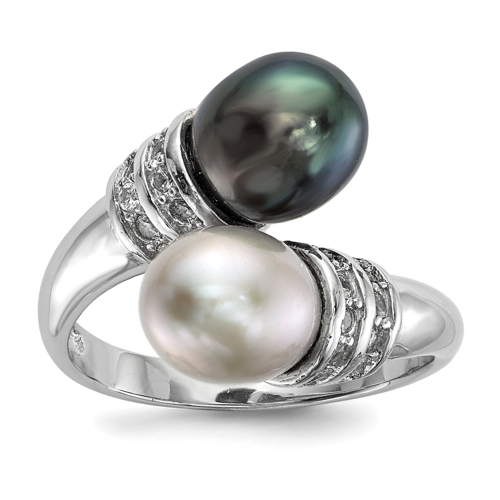 Sterlingsilber Rhodiniert 7 8mm Schwarz und Grau Rice Süßwasser Zuchtperle Zirkonia Ring