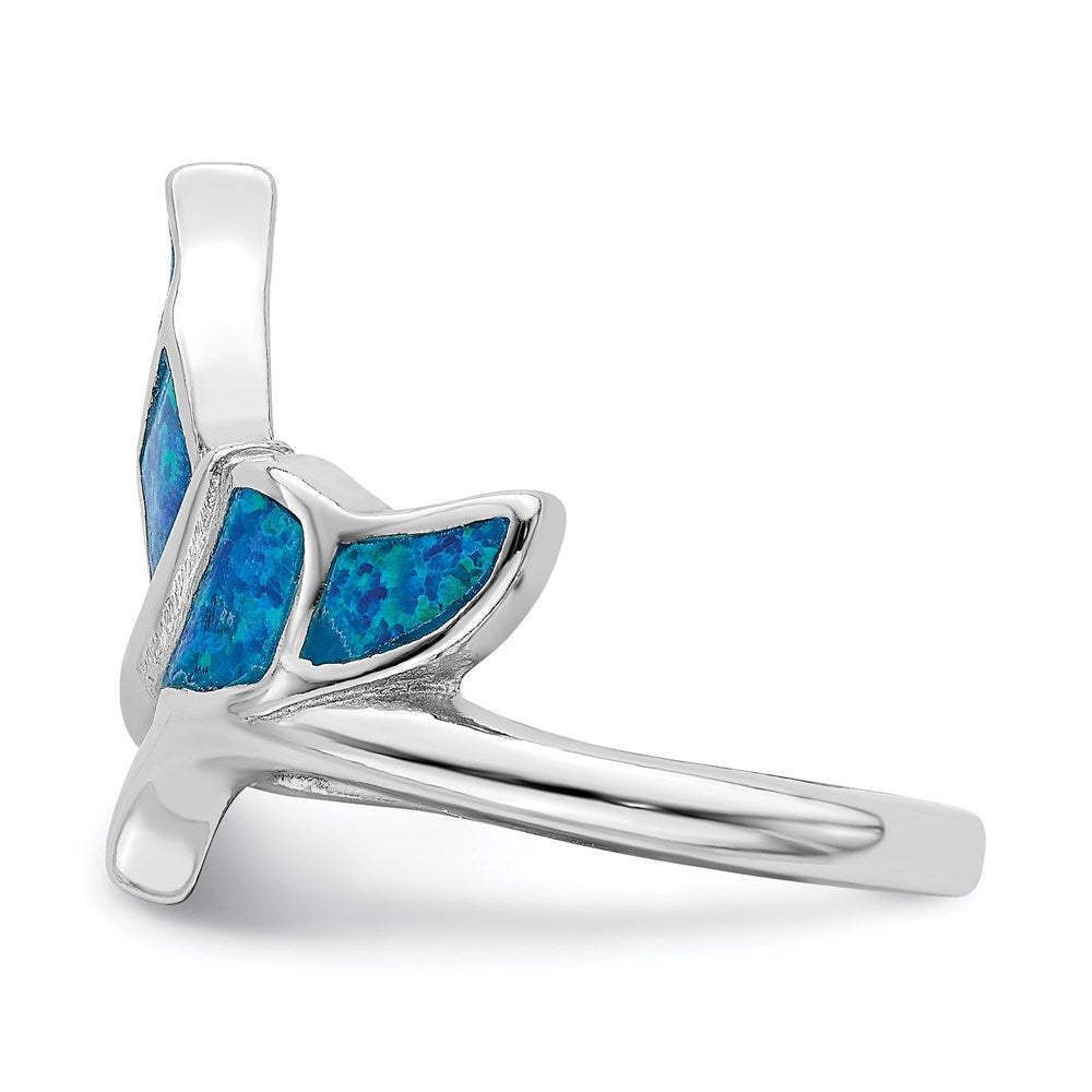 Sterlingsilber Rhodiniert Blau Einlage Erzeugt Opal Wal Schwanz Ring (size 6 Nur)