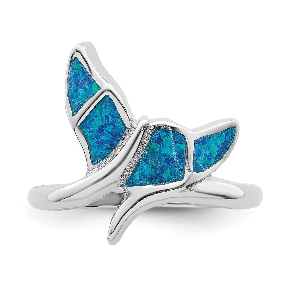 Sterlingsilber Rhodiniert Blau Einlage Erzeugt Opal Wal Schwanz Ring (size 6 Nur)