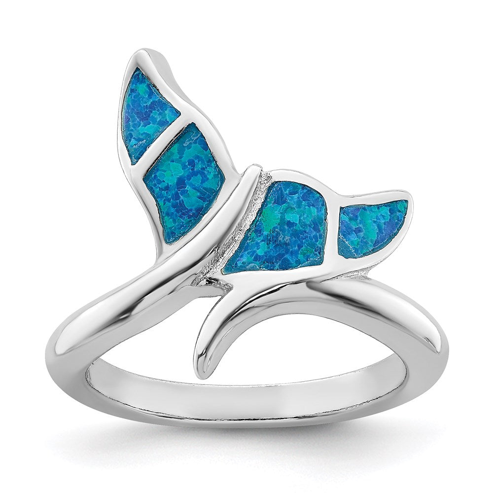 Sterlingsilber Rhodiniert Blau Einlage Erzeugt Opal Wal Schwanz Ring (size 6 Nur)