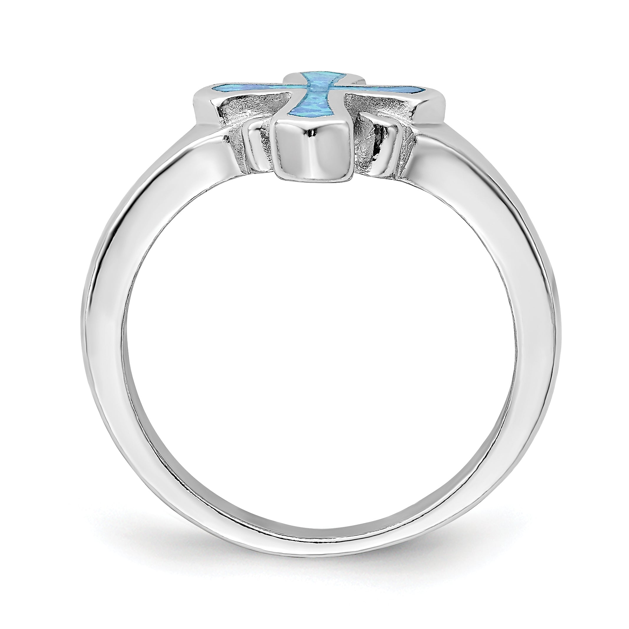 Sterlingsilber Rhodiniert Blau Einlage Erzeugt Opal Kreuz Ring