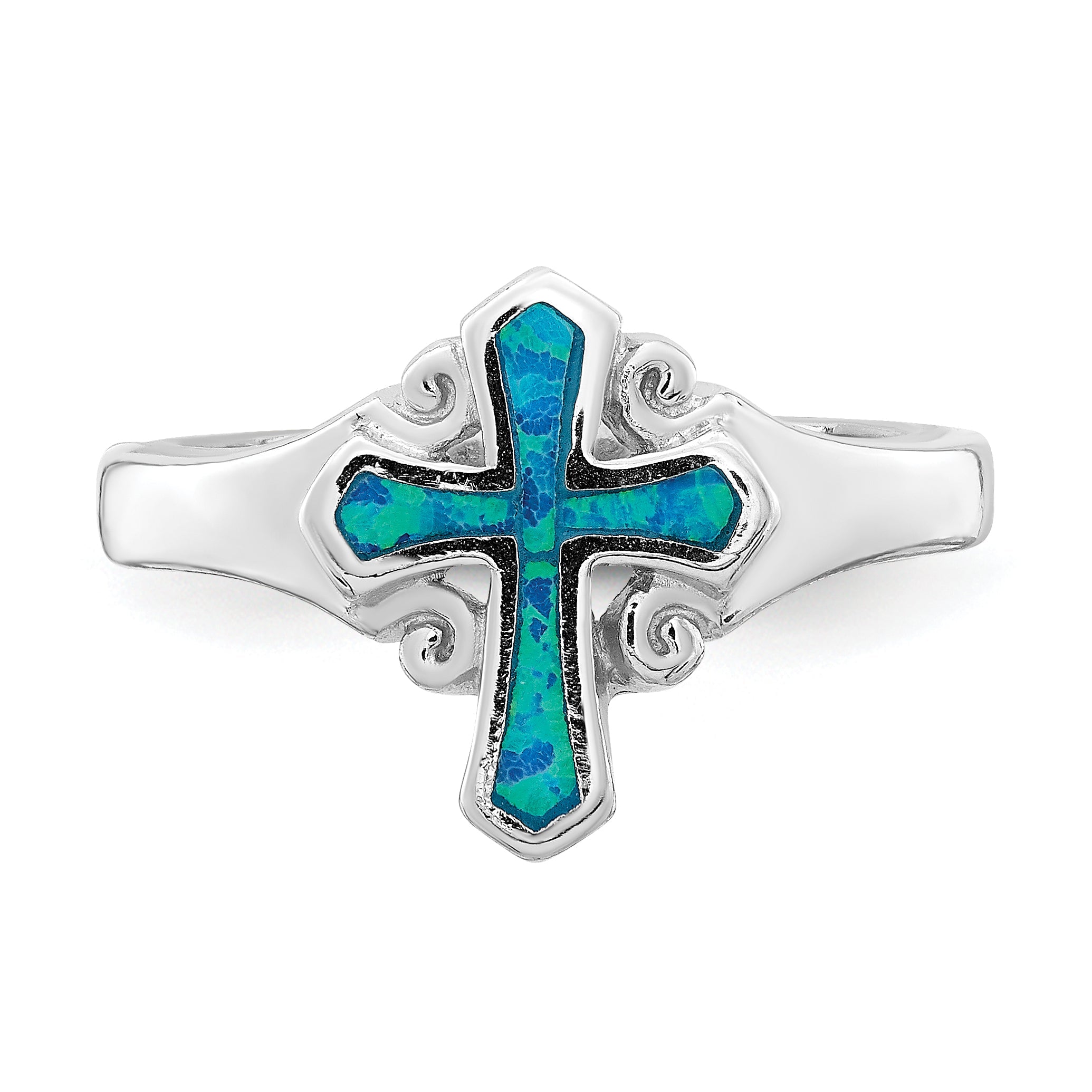 Sterlingsilber Rhodiniert Blau Einlage Erzeugt Opal Kreuz Ring