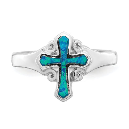 Sterlingsilber Rhodiniert Blau Einlage Erzeugt Opal Kreuz Ring