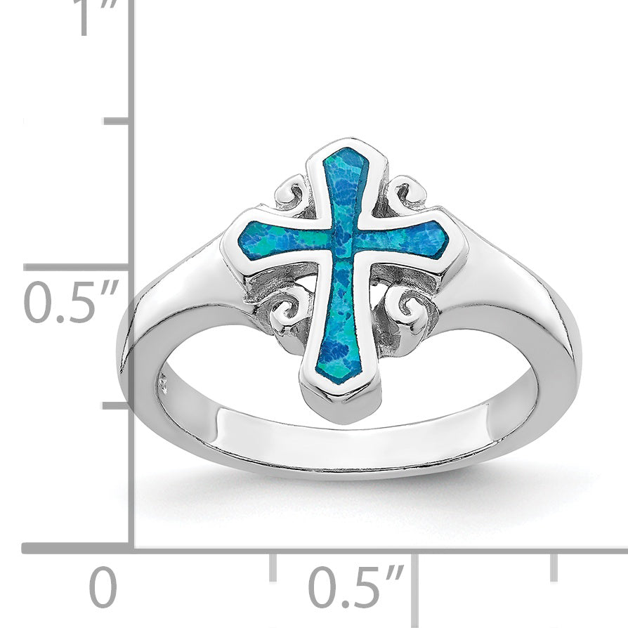 Sterlingsilber Rhodiniert Blau Einlage Erzeugt Opal Kreuz Ring
