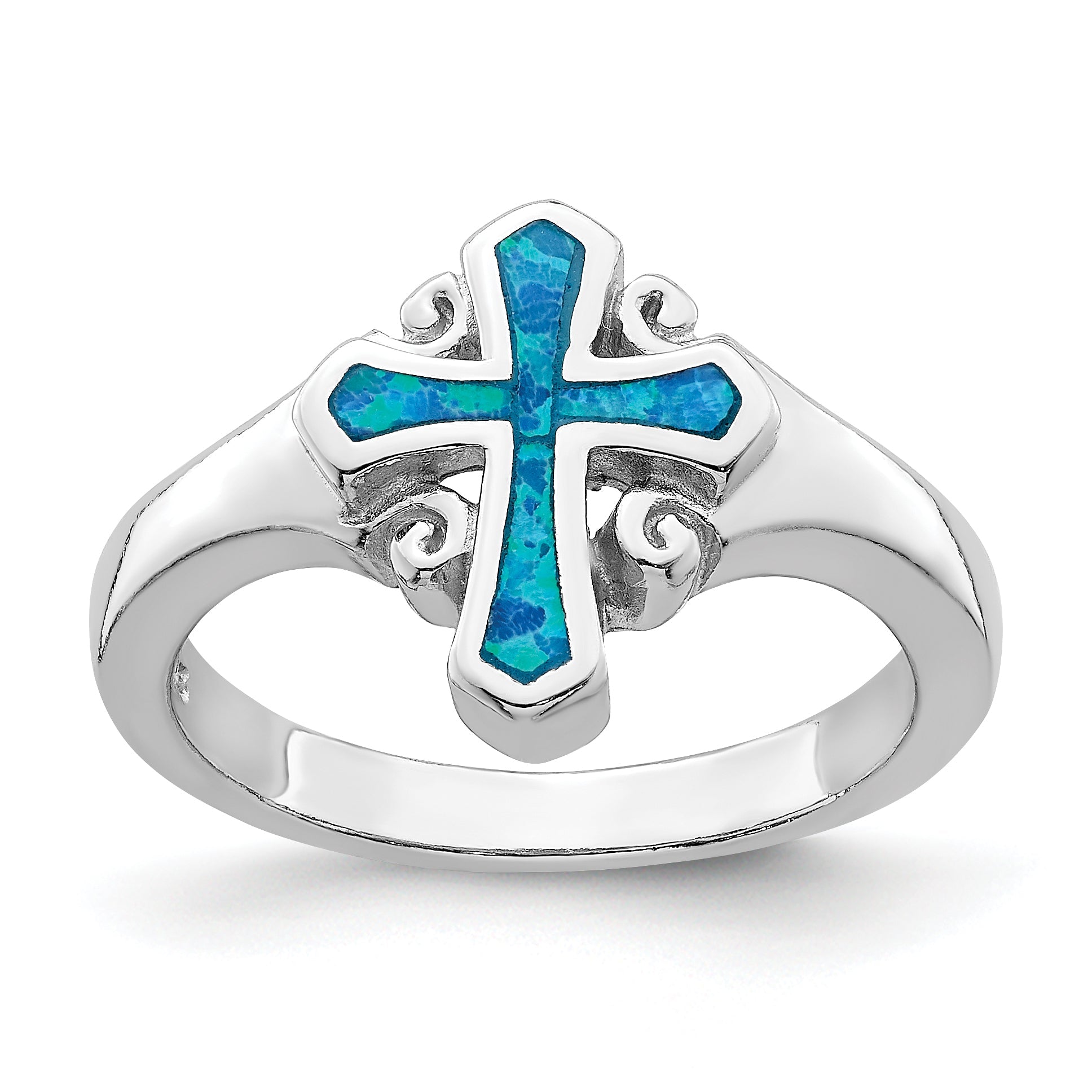 Sterlingsilber Rhodiniert Blau Einlage Erzeugt Opal Kreuz Ring