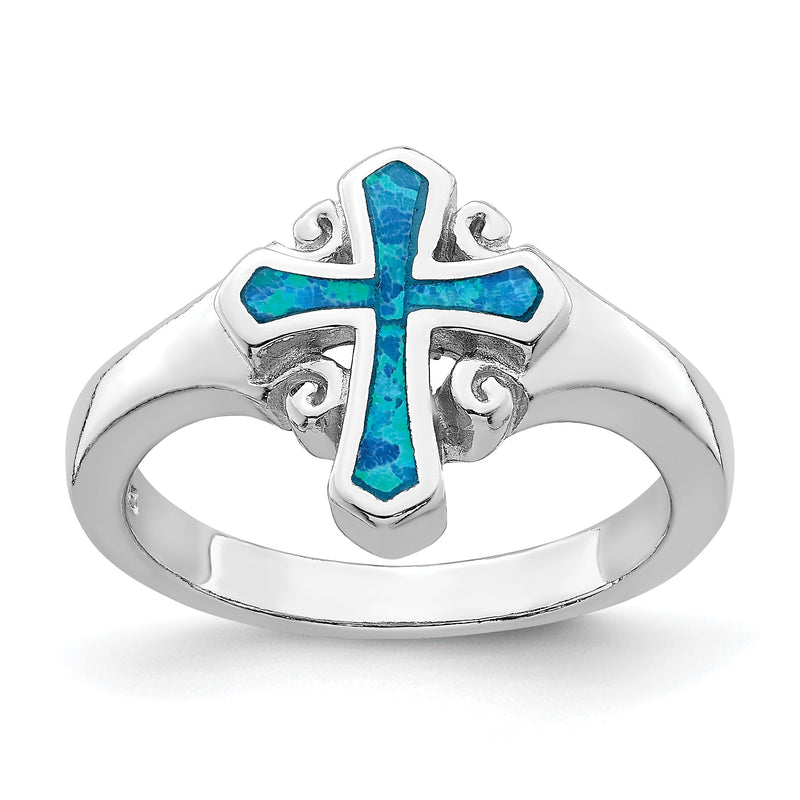 Sterlingsilber Rhodiniert Blau Einlage Erzeugt Opal Kreuz Ring