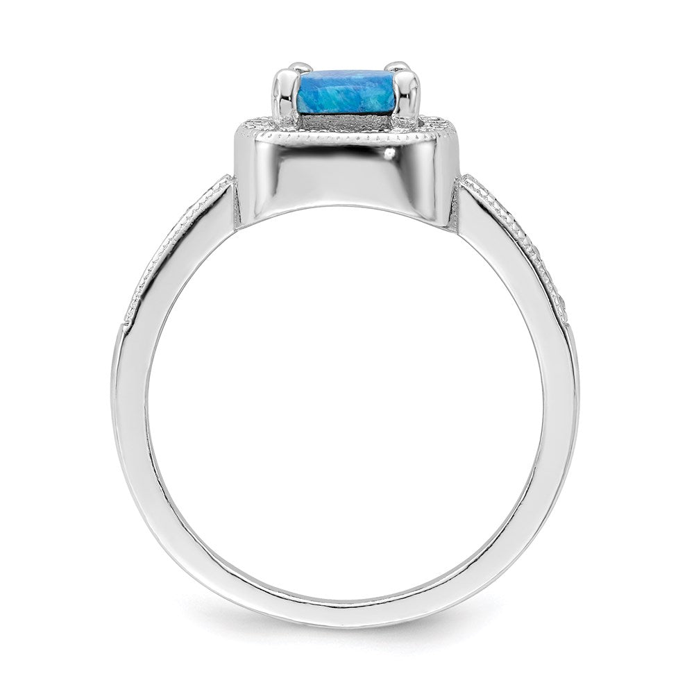 Sterlingsilber Rhodiniert Quadratisch Blau Erzeugt Opal Zirkonia Ring