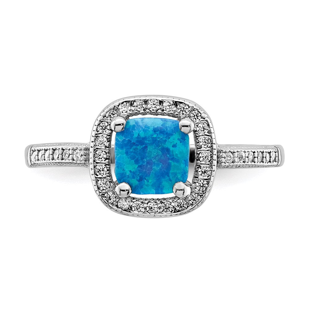 Sterlingsilber Rhodiniert Quadratisch Blau Erzeugt Opal Zirkonia Ring