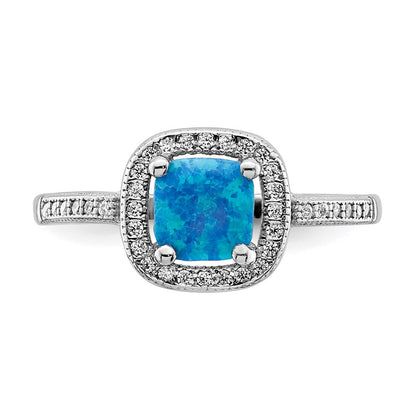 Sterlingsilber Rhodiniert Quadratisch Blau Erzeugt Opal Zirkonia Ring