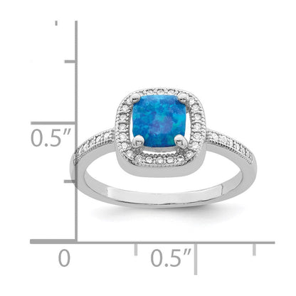 Sterlingsilber Rhodiniert Quadratisch Blau Erzeugt Opal Zirkonia Ring
