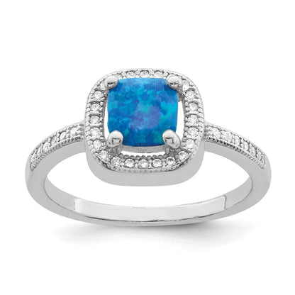 Sterlingsilber Rhodiniert Quadratisch Blau Erzeugt Opal Zirkonia Ring