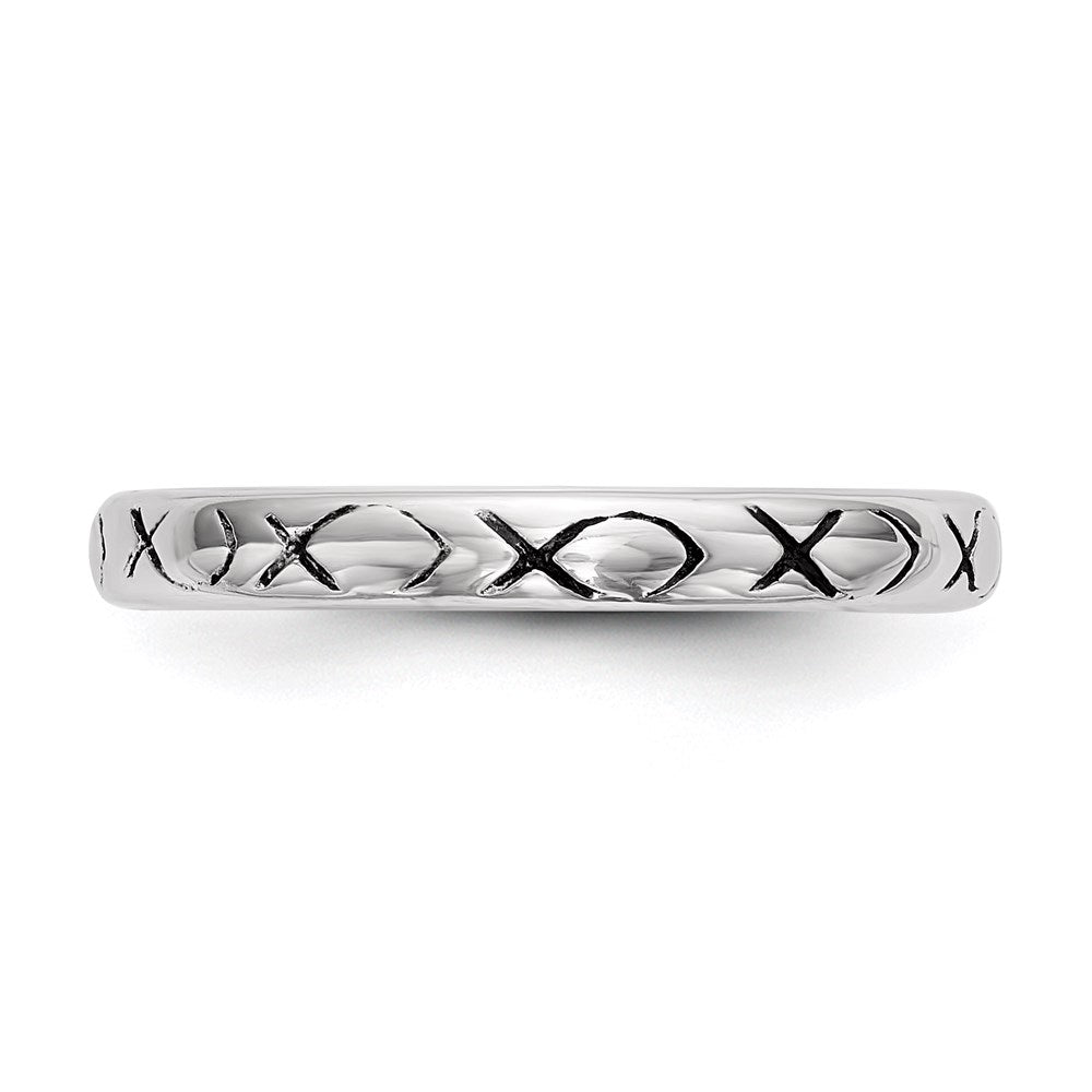 Sterlingsilber Rhodiniert Poliert Antikisiert Ichthus Ring