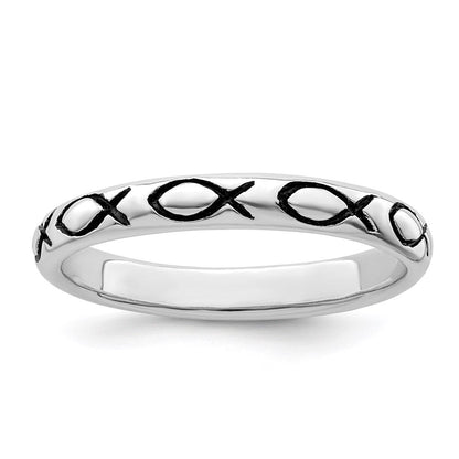 Sterlingsilber Rhodiniert Poliert Antikisiert Ichthus Ring