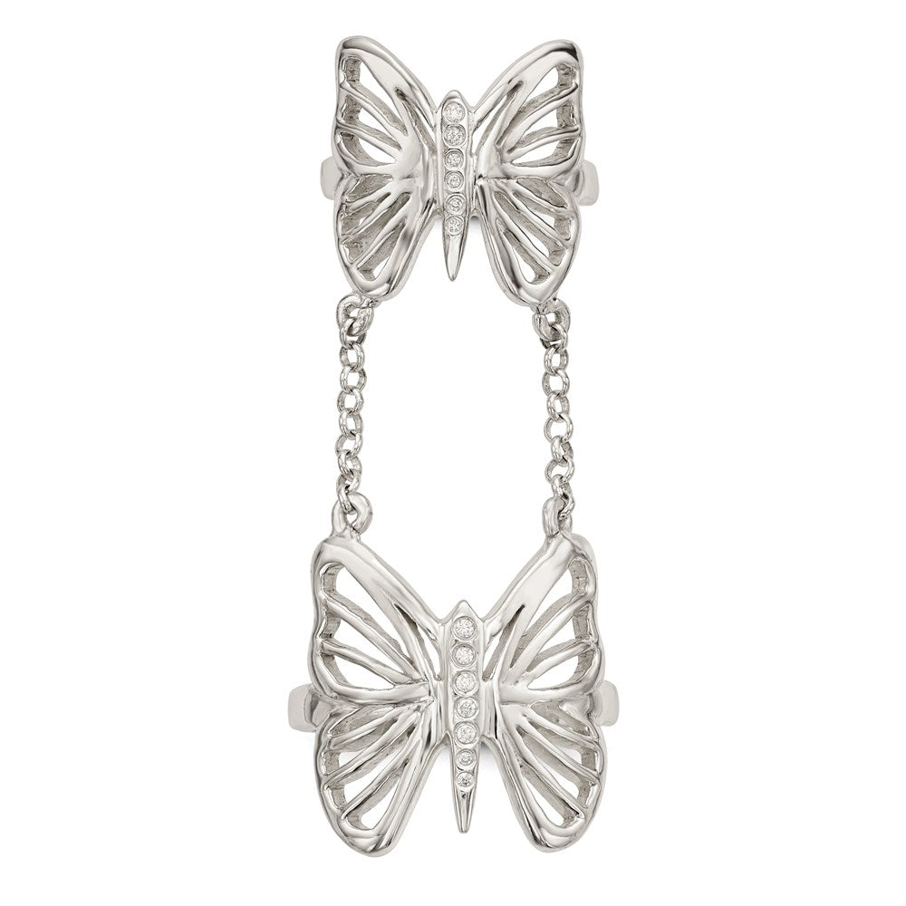 Sterlingsilber Poliert Zirkonia Schmetterling Doppelt Finger Ring