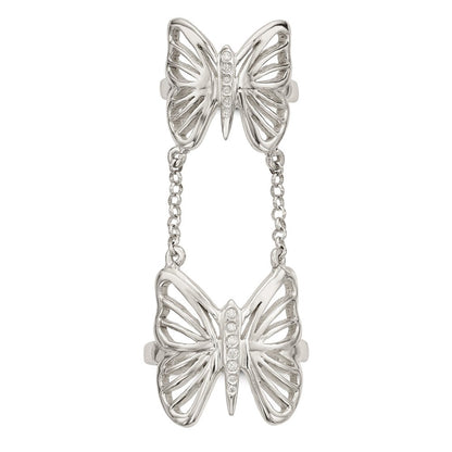 Sterlingsilber Poliert Zirkonia Schmetterling Doppelt Finger Ring