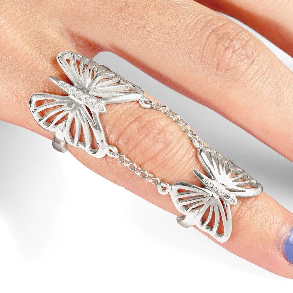 Sterlingsilber Poliert Zirkonia Schmetterling Doppelt Finger Ring
