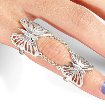 Sterlingsilber Poliert Zirkonia Schmetterling Doppelt Finger Ring