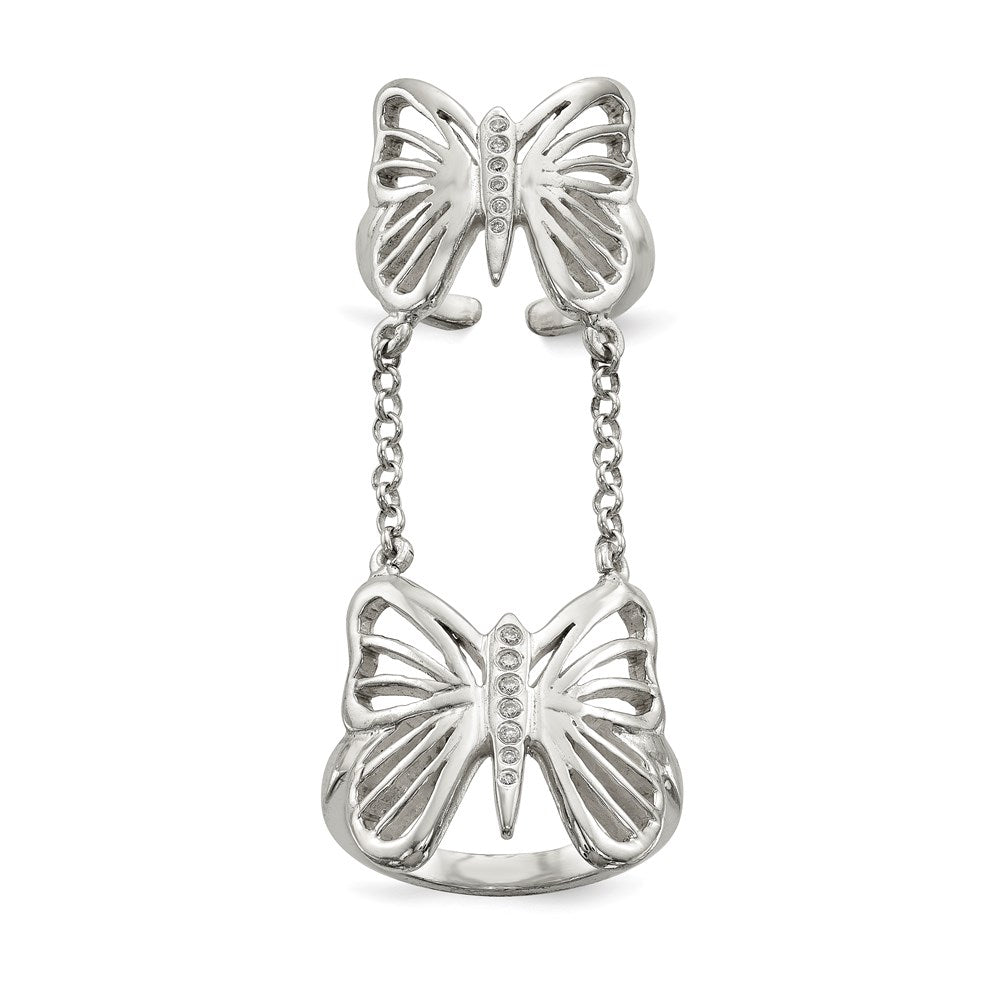 Sterlingsilber Poliert Zirkonia Schmetterling Doppelt Finger Ring