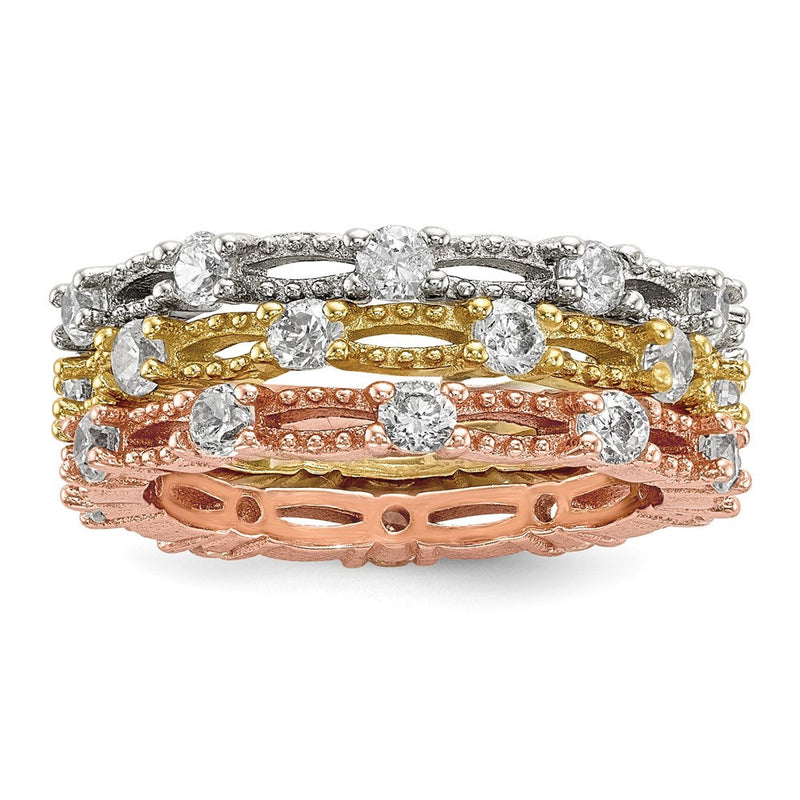 Sterlingsilber Weiß Gelb & Roséfarben Set Of 3 Zirkonia Memoire Rings (size 8 Nur)