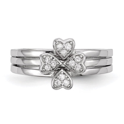 Sterlingsilber Rhodiniert Zirkonia Herz Klee 3 Ring Set