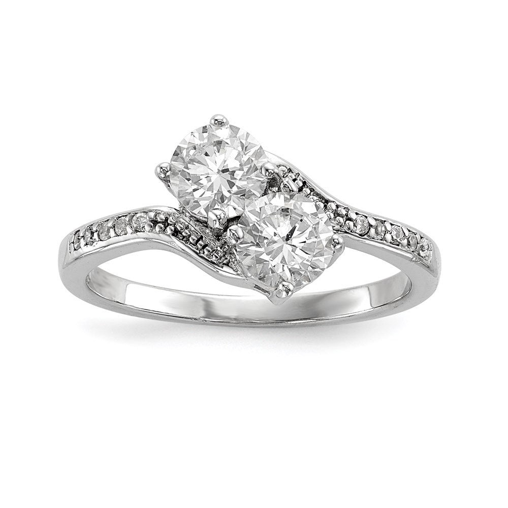 Sterlingsilber Rhodiniert Zwei Stein Zirkonia Bypass Ring (size 8 Nur)