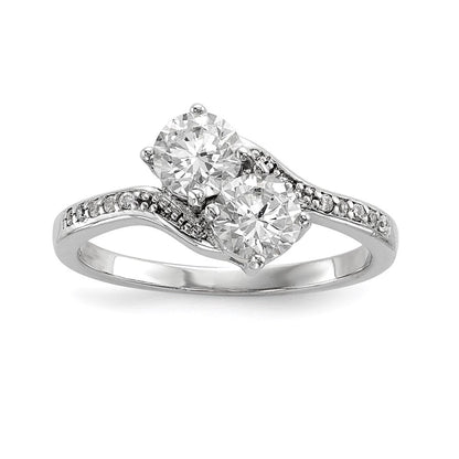 Sterlingsilber Rhodiniert Zwei Stein Zirkonia Bypass Ring (size 8 Nur)