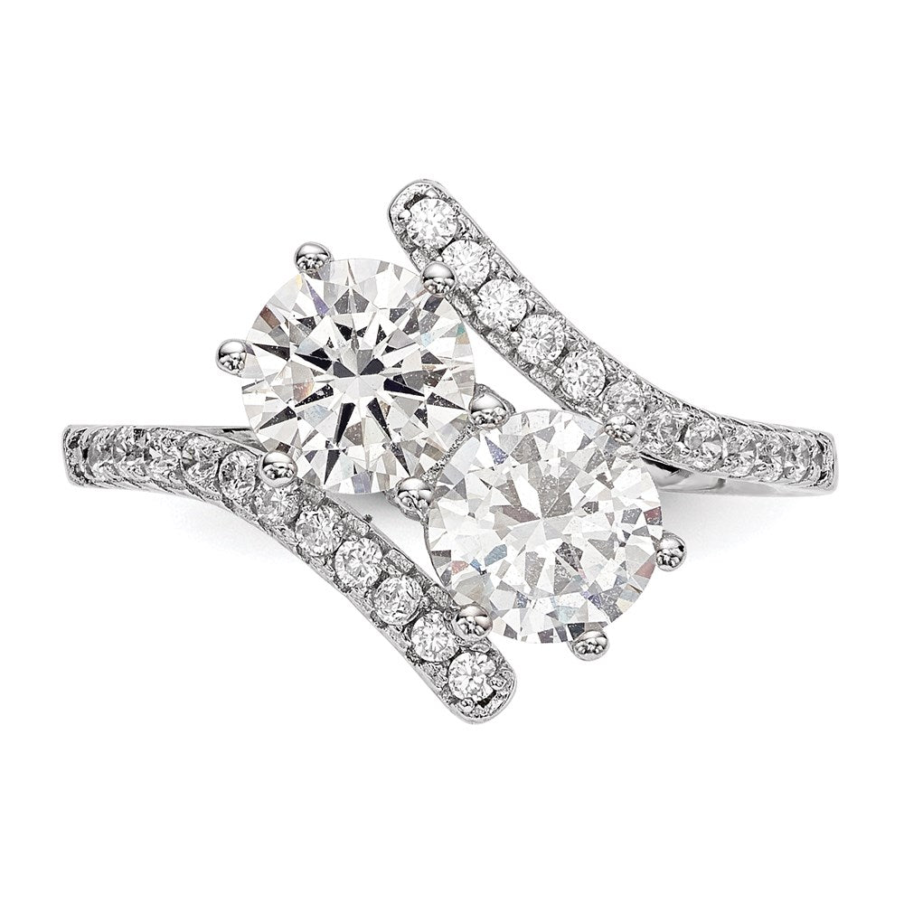 Sterlingsilber Rhodiniert Zirkonia Zwei Stein Rund Bypass Ring