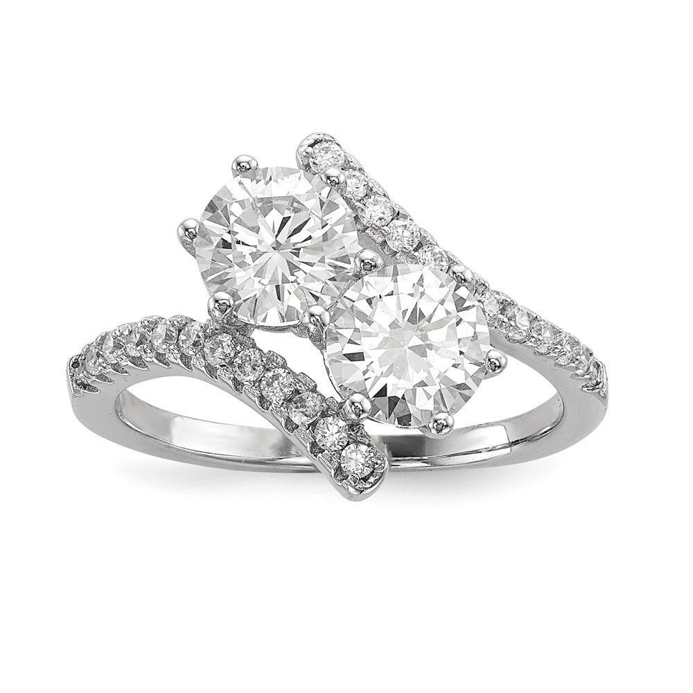 Sterlingsilber Rhodiniert Zirkonia Zwei Stein Rund Bypass Ring