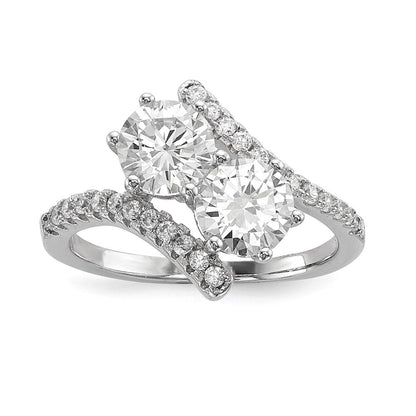Sterlingsilber Rhodiniert Zirkonia Zwei Stein Rund Bypass Ring