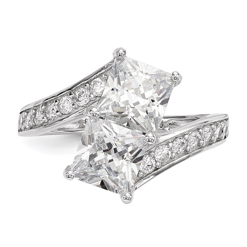 Sterlingsilber Rhodiniert Zirkonia Zwei Stein Quadratisch Bypass Ring