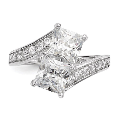 Sterlingsilber Rhodiniert Zirkonia Zwei Stein Quadratisch Bypass Ring