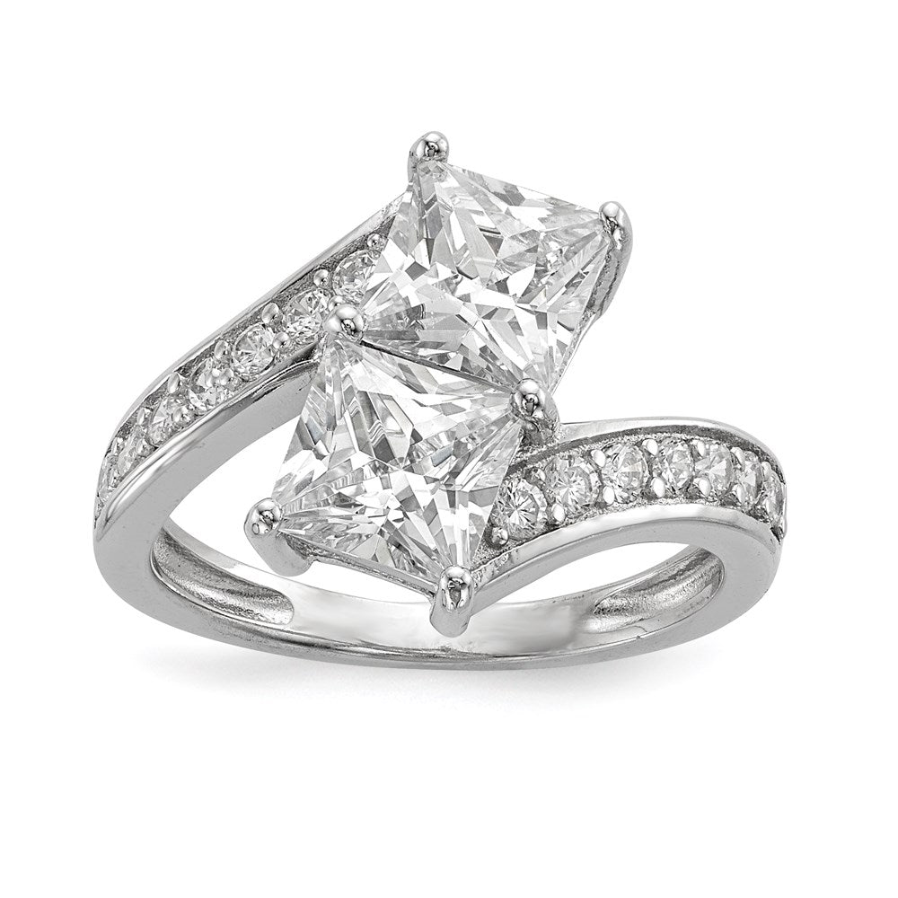 Sterlingsilber Rhodiniert Zirkonia Zwei Stein Quadratisch Bypass Ring