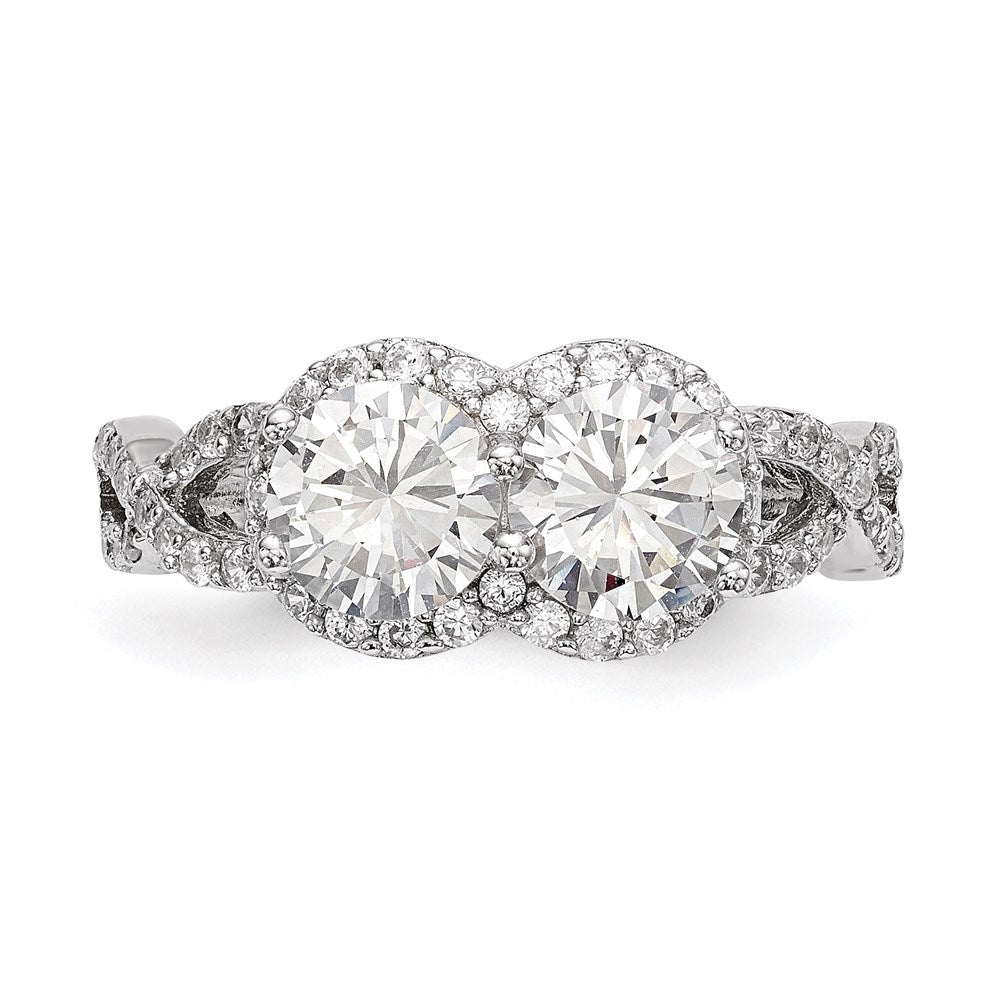 Sterlingsilber Rhodiniert Zirkonia Zwei Stein Heiligenschein Ring (size 8 Nur)