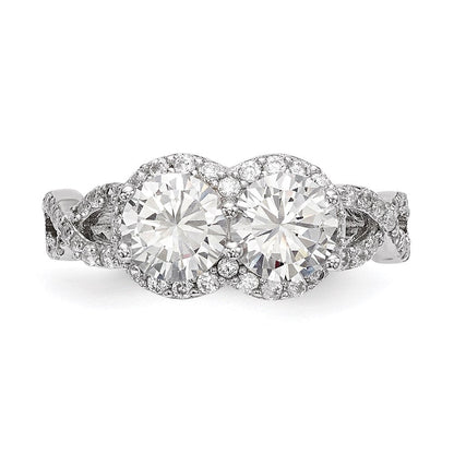 Sterlingsilber Rhodiniert Zirkonia Zwei Stein Heiligenschein Ring (size 8 Nur)