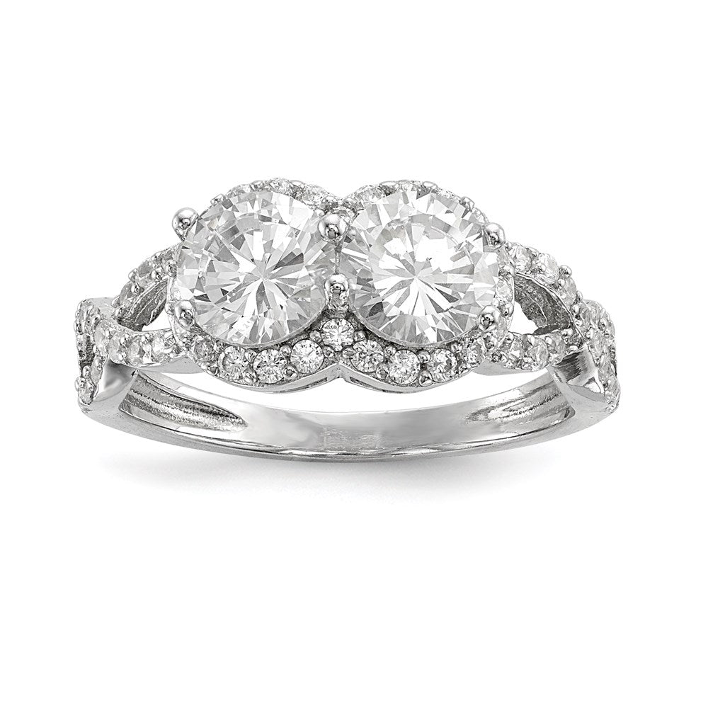 Sterlingsilber Rhodiniert Zirkonia Zwei Stein Heiligenschein Ring (size 8 Nur)