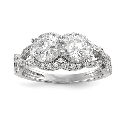 Sterlingsilber Rhodiniert Zirkonia Zwei Stein Heiligenschein Ring (size 8 Nur)