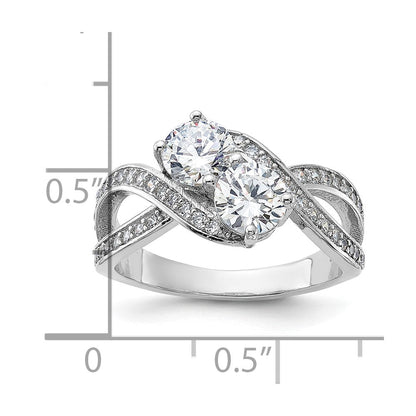 Sterlingsilber Rhodiniert Zirkonia Zwei Stein Poliert Ring