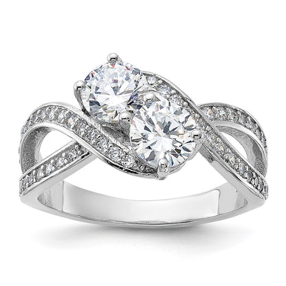 Sterlingsilber Rhodiniert Zirkonia Zwei Stein Poliert Ring