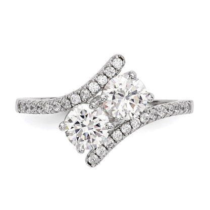 Sterlingsilber Rhodiniert Zirkonia Zwei Stein Poliert Bypass Ring